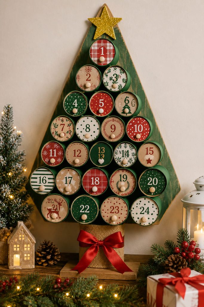 Christmas tree advent calendar made from 24 cardboard tube cubbies on a rigid wall backing.