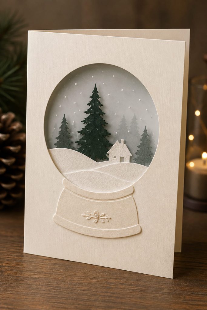 Vellum window Christmas card with a softly diffused evergreen and snow scene behind a round paper aperture.