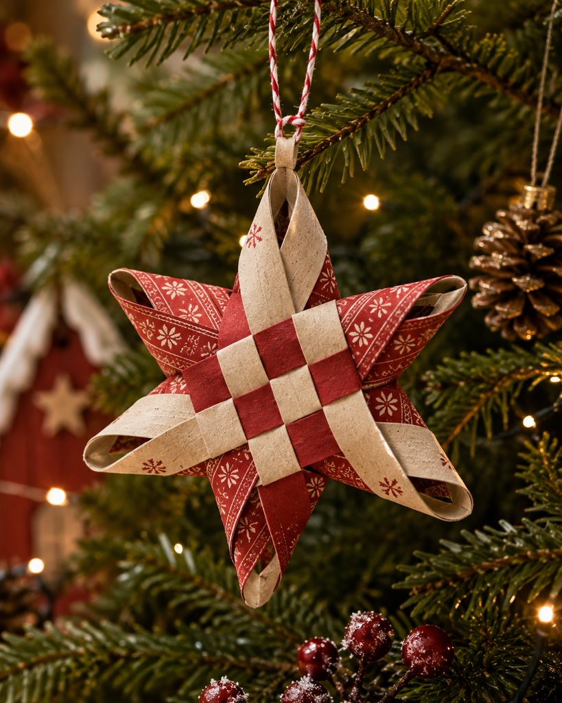 Woven Nordic-style paper star ornament hanging from an evergreen branch.