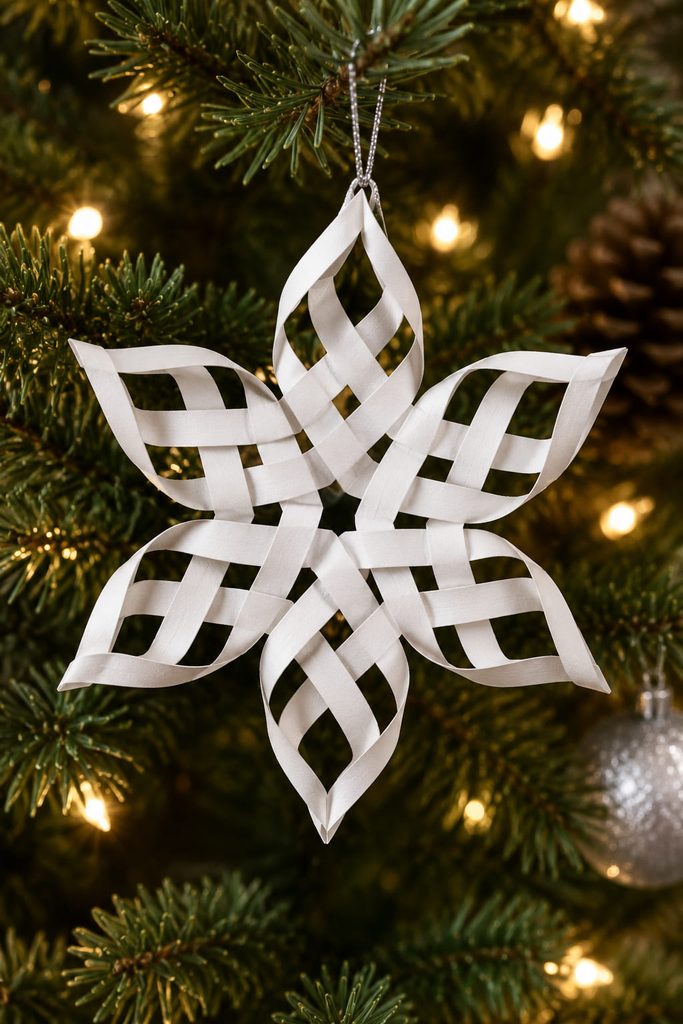 Woven paper strip snowflake ornament hanging from a pine branch with curved dimensional points.