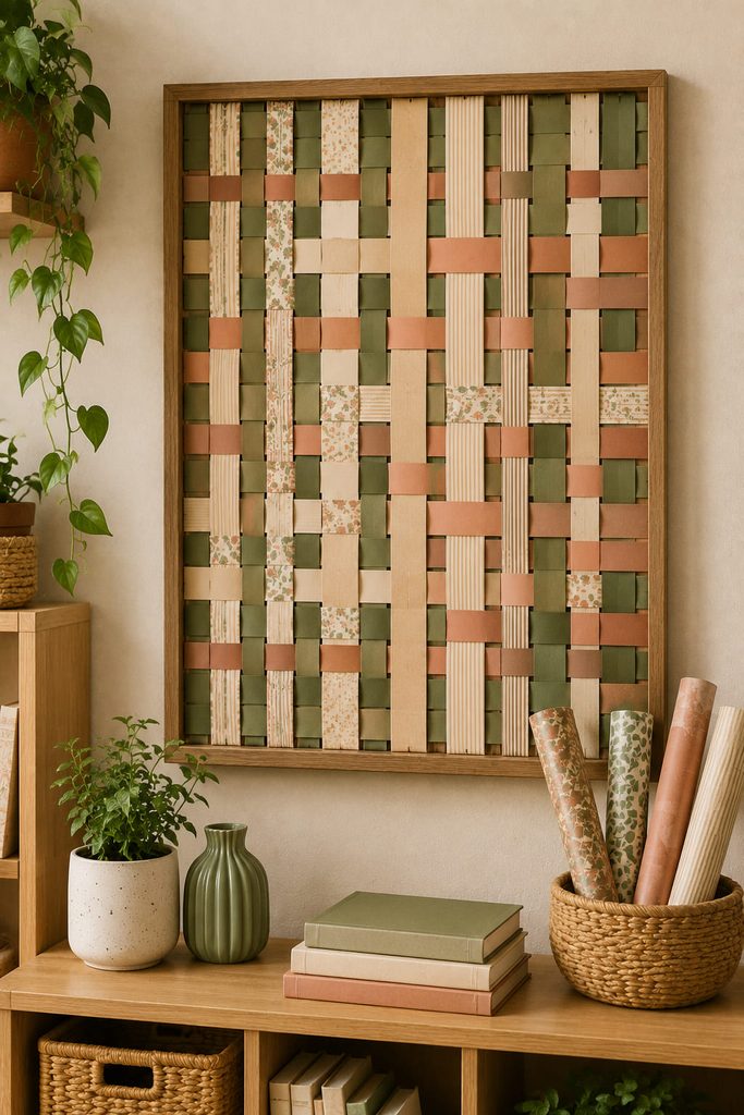 Framed woven paper strip wall panel showing a true alternating over-under pattern.
