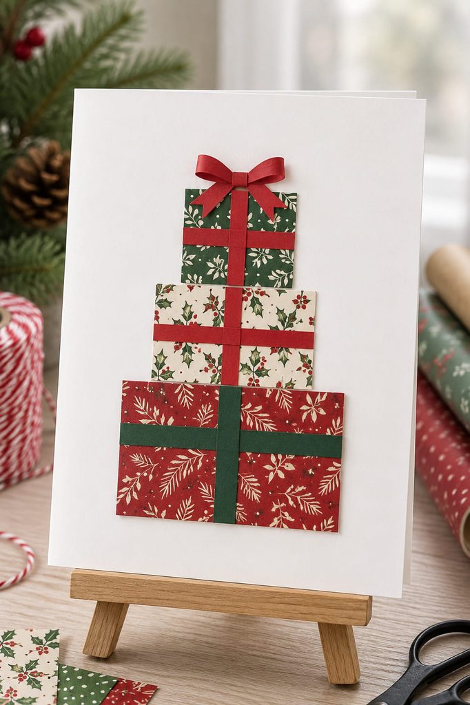 Christmas card with three stacked gift shapes made from coordinated wrapping-paper scraps.
