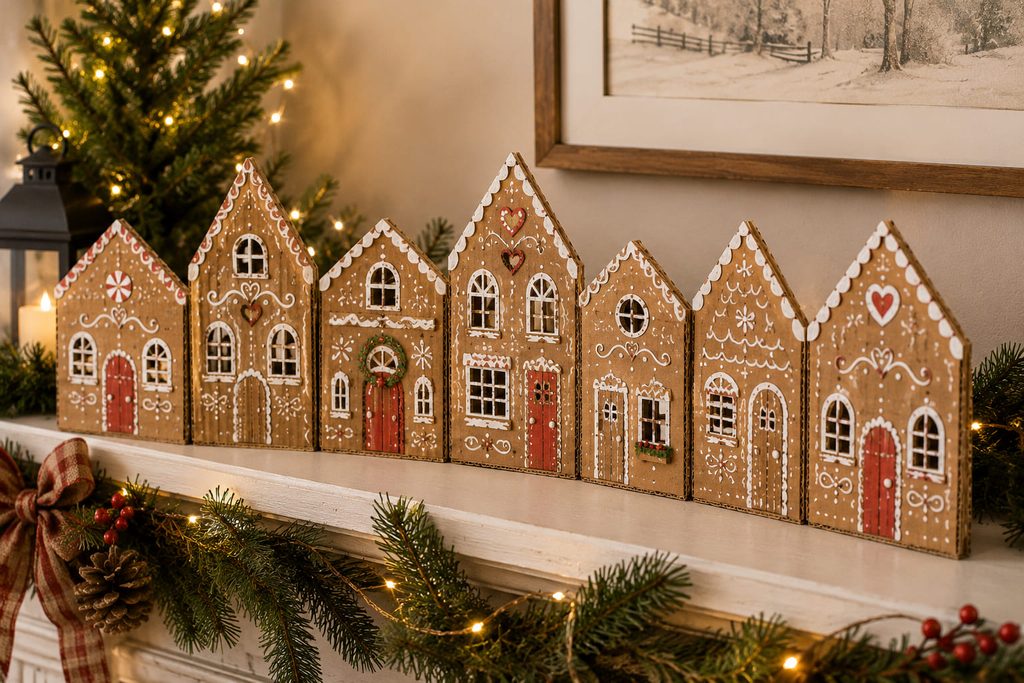 Accordion-fold cardboard gingerbread street standing across a Christmas mantel.