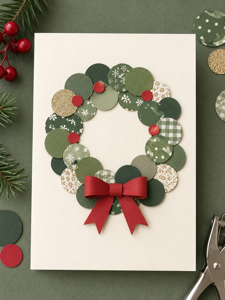 Ivory Christmas card with an ornament-style wreath made from overlapping punched paper circles.