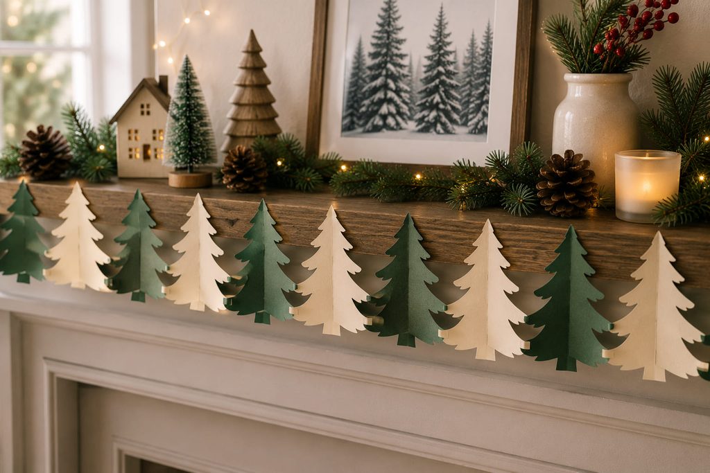 Continuous cut-paper fir tree chain banner displayed along a Christmas shelf.