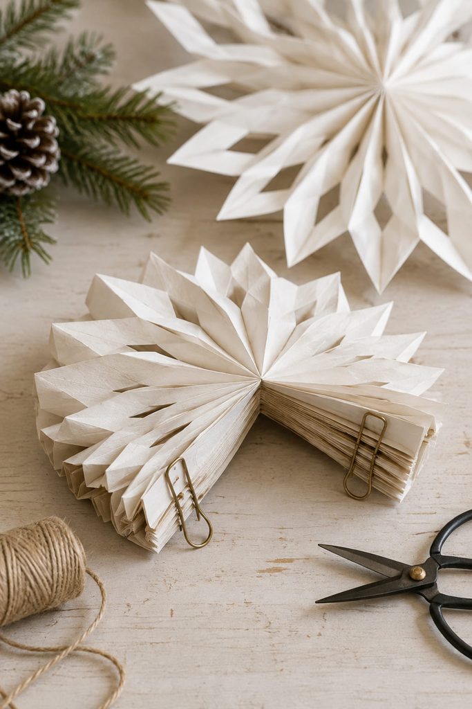 Reusable white bag snowflake partially folded flat with removable clips at the closing seam.