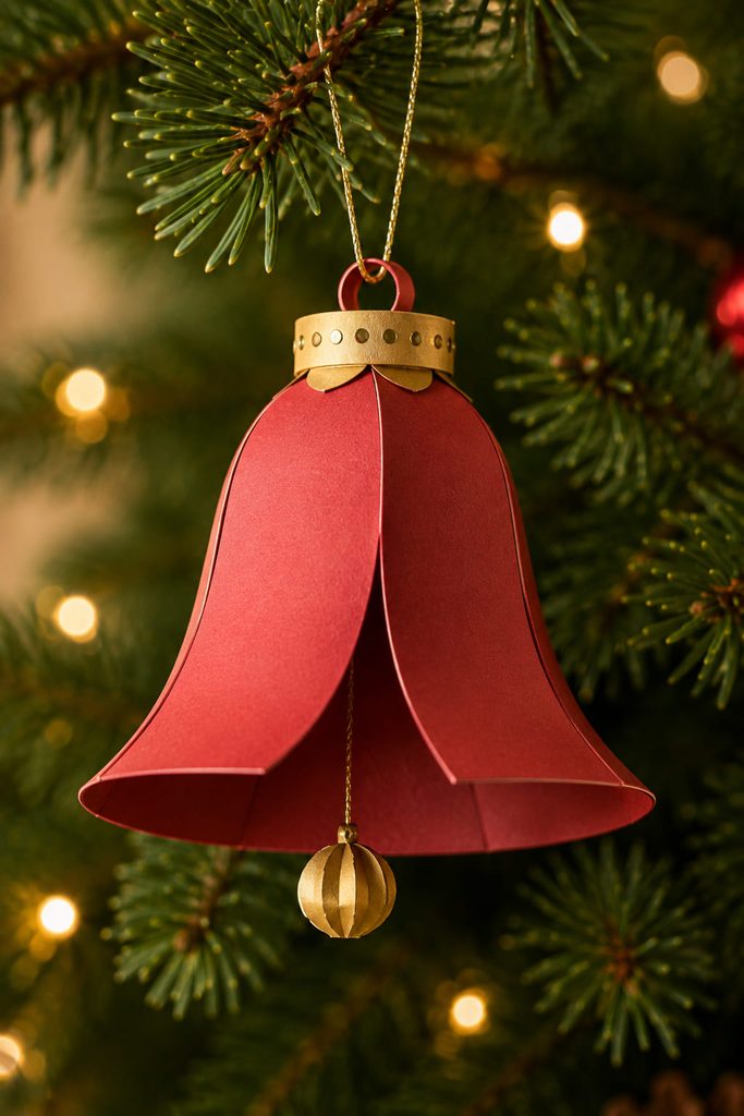 Folded red paper bell ornament with a small paper clapper hanging below the rim.