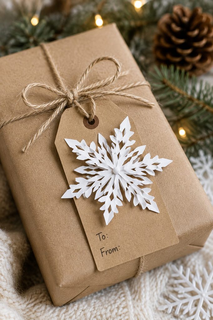 Small folded snowflake mounted on a kraft paper gift tag tied to a winter package.