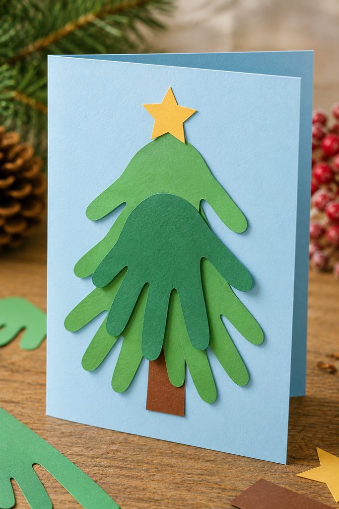 Layered green handprint silhouettes forming a Christmas tree on a pale blue card.