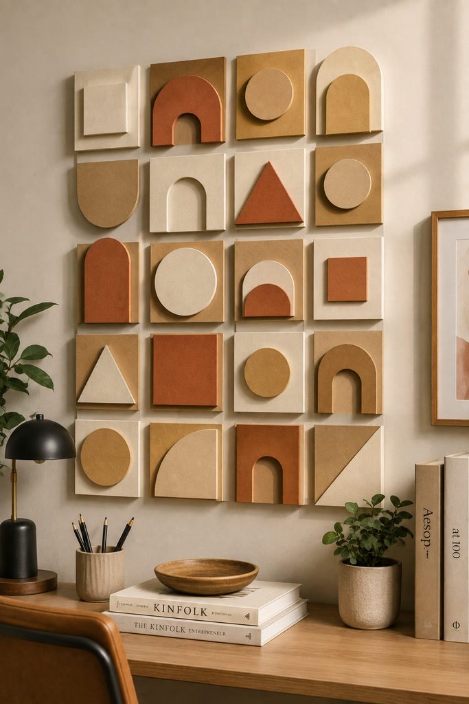 Layered geometric paper tiles forming a shallow modular wall relief above a desk.