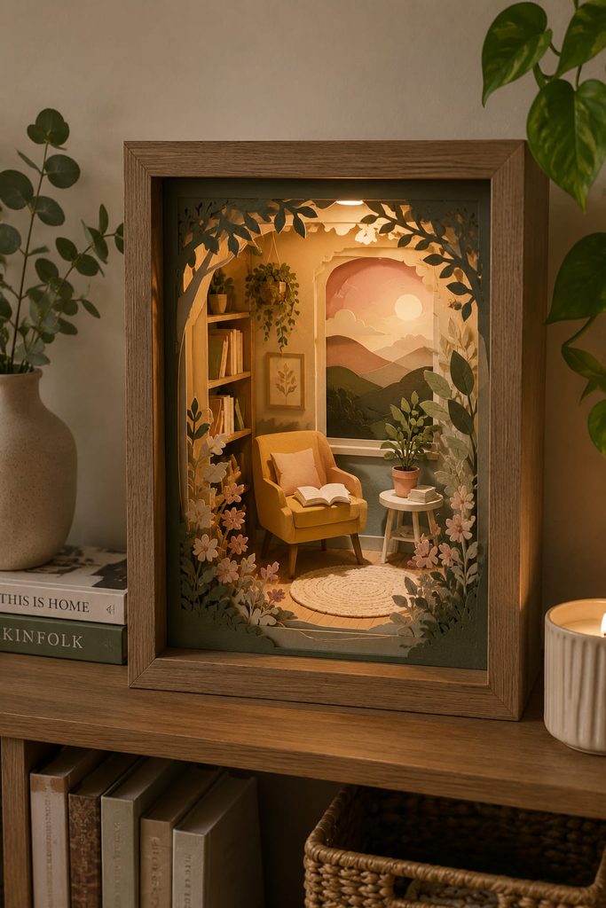 Layered paper shadow box with separated foreground, middle, and background cut-paper planes.