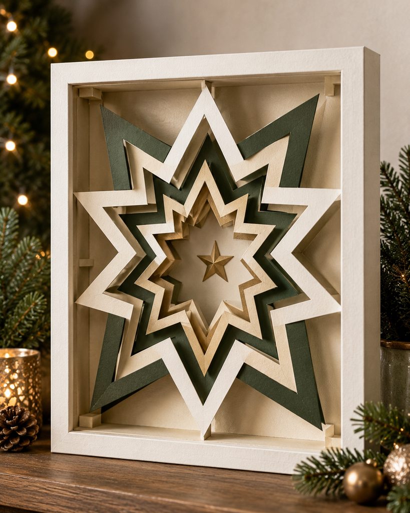Layered cardstock star shadow frame with spaced openings and visible depth.