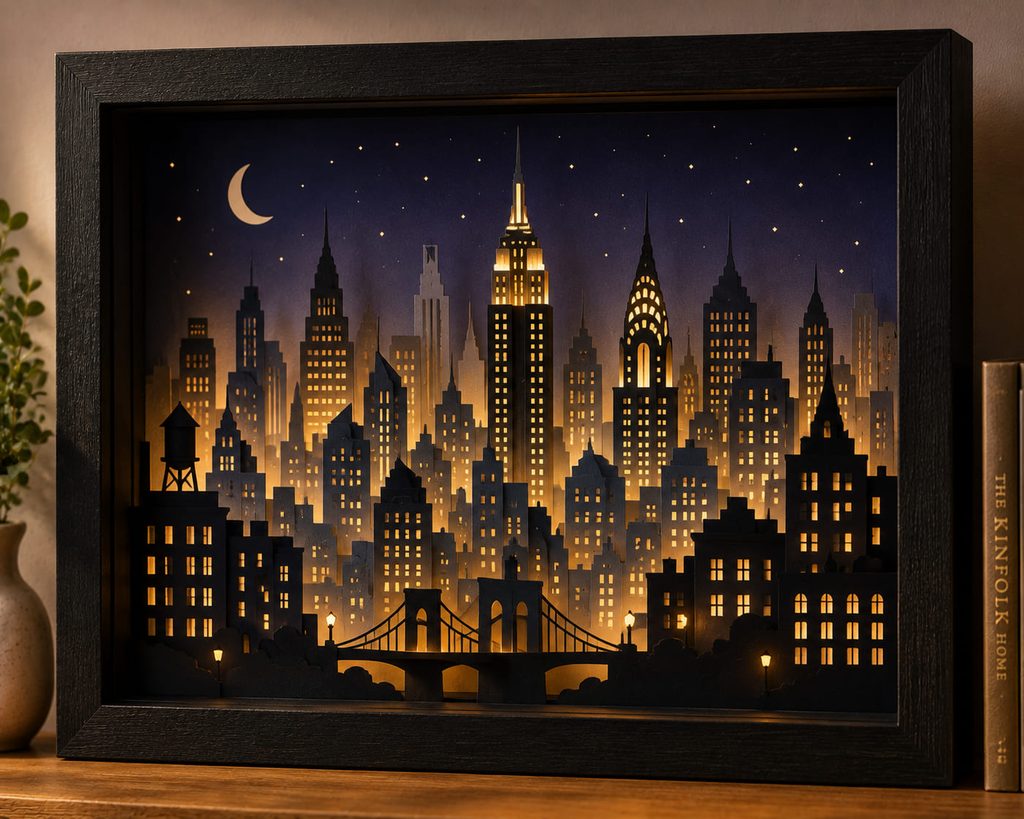 Layered cardstock city skyline light box with softly glowing vellum windows.