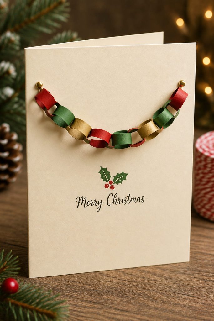 Christmas card decorated with a miniature garland of real linked paper-chain loops.