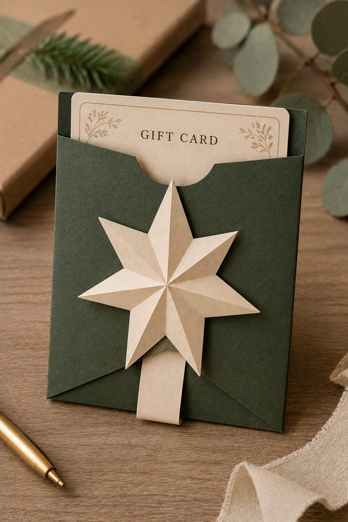 Paper gift-card sleeve closed by a flap tucked beneath a reinforced paper star.