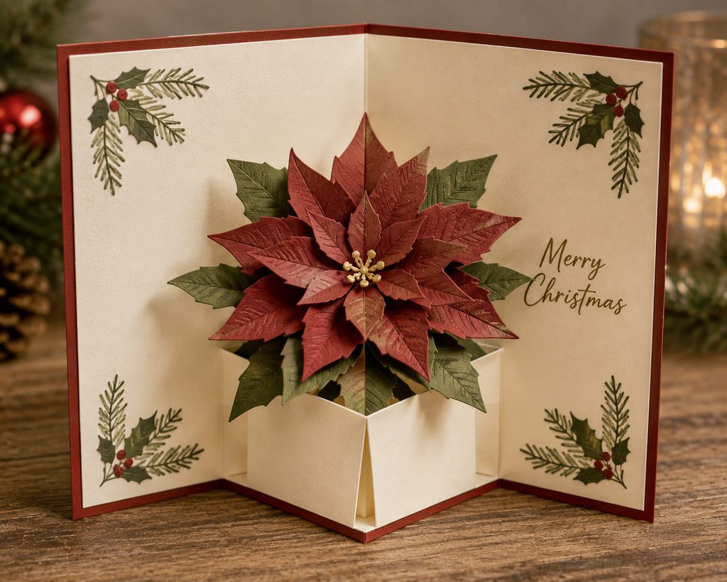 Open Christmas card with a layered paper poinsettia rising on a box-fold pop-up platform.