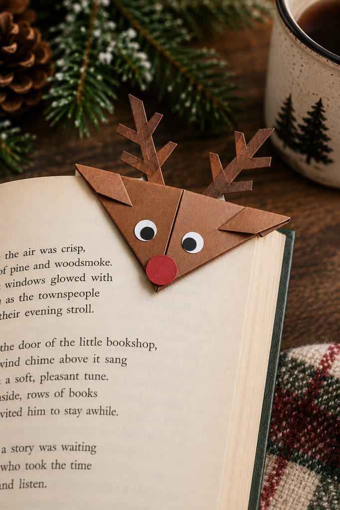 Brown origami reindeer corner bookmark fitted securely over an open book page.