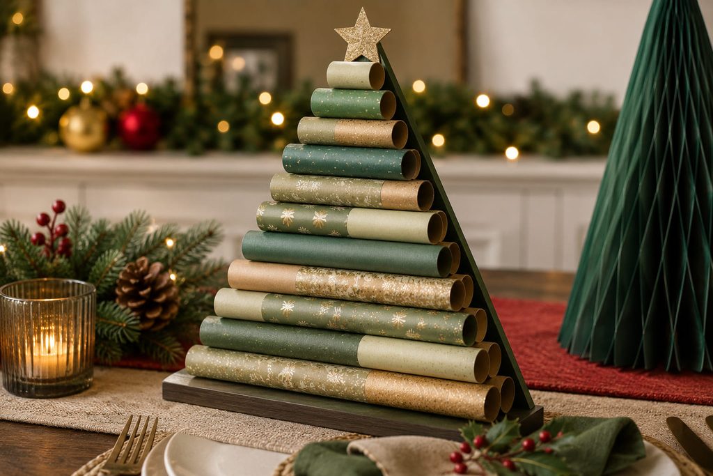 Rolled paper tube Christmas tree centerpiece with graduated horizontal rows on a dining table.