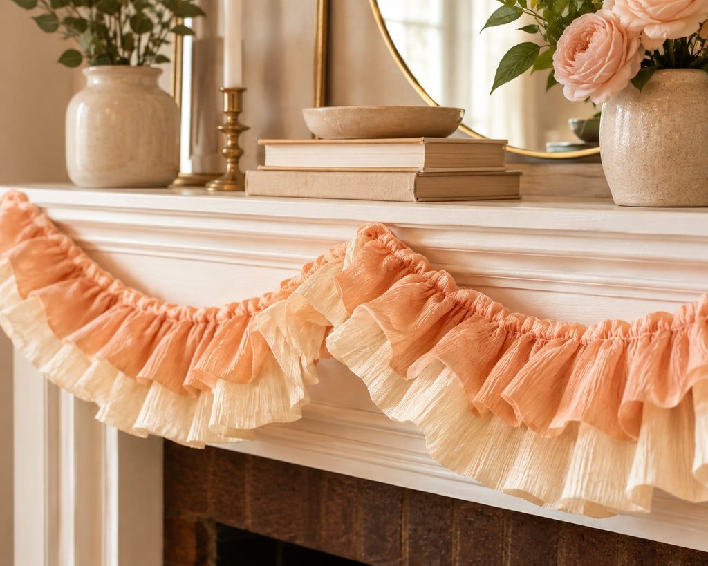 Two-tone ruffled crepe paper streamer garland draped along a simple mantel.