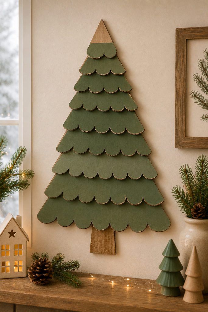 Scalloped cardboard shingles overlapping across a handmade Christmas tree wall decoration.