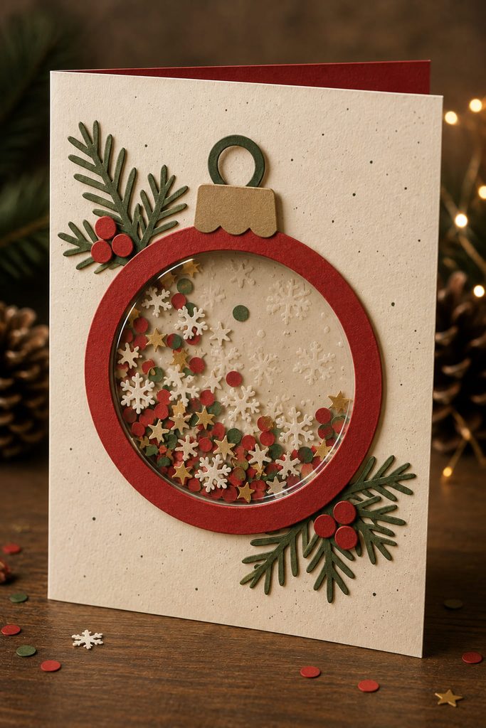 Ornament-shaped shaker card with a clear acetate window, raised paper cavity, and loose holiday confetti.