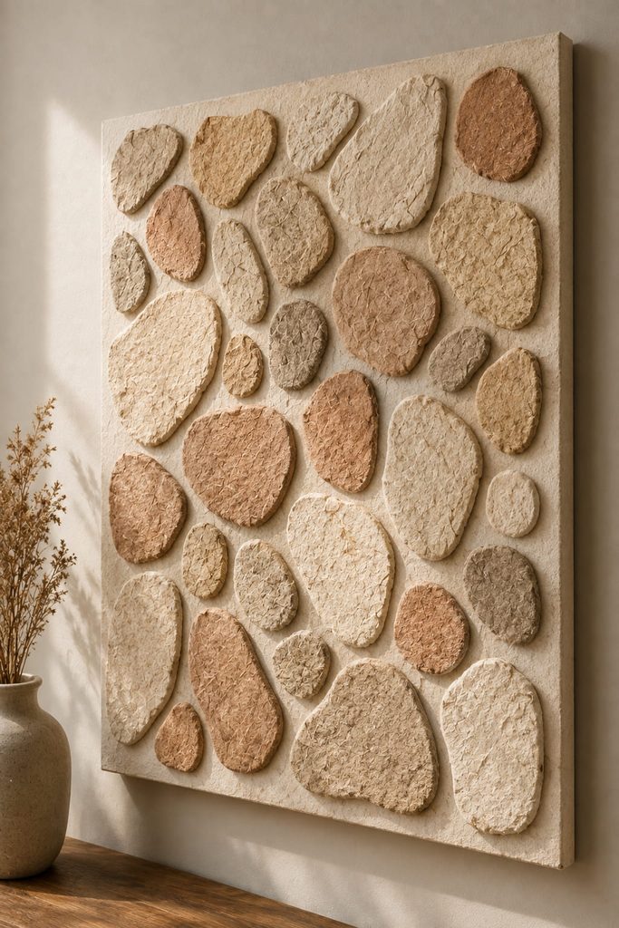 Organic tissue-pulp pebble forms arranged as a tactile low-relief wall panel.