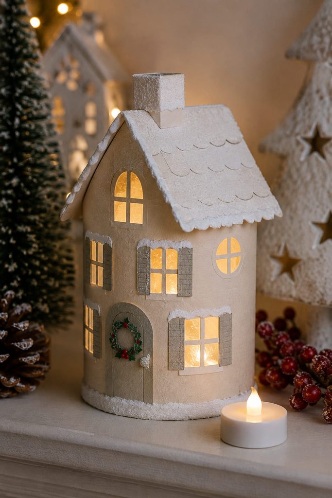 Mini cardboard tube Christmas village house glowing through vellum windows over a battery LED.