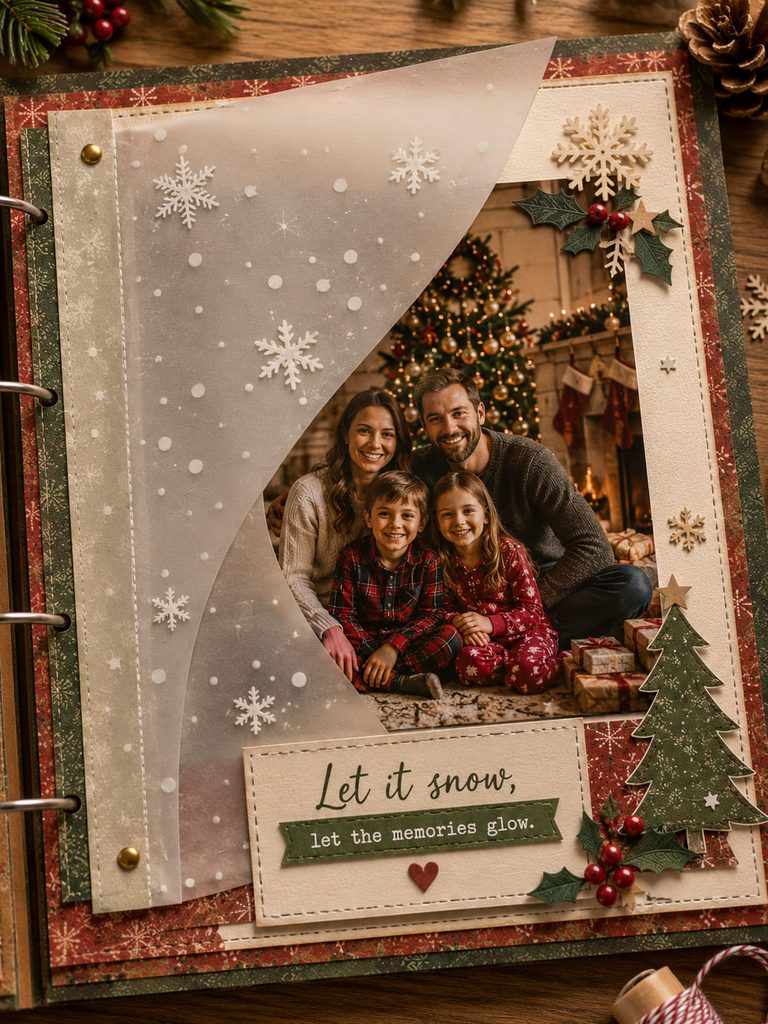 Hinged vellum snowfall overlay lifting to reveal a family Christmas photo beneath.