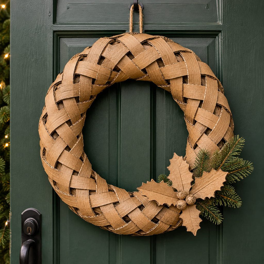 Woven cardboard strip wreath with alternating over-under crossings on a green door.
