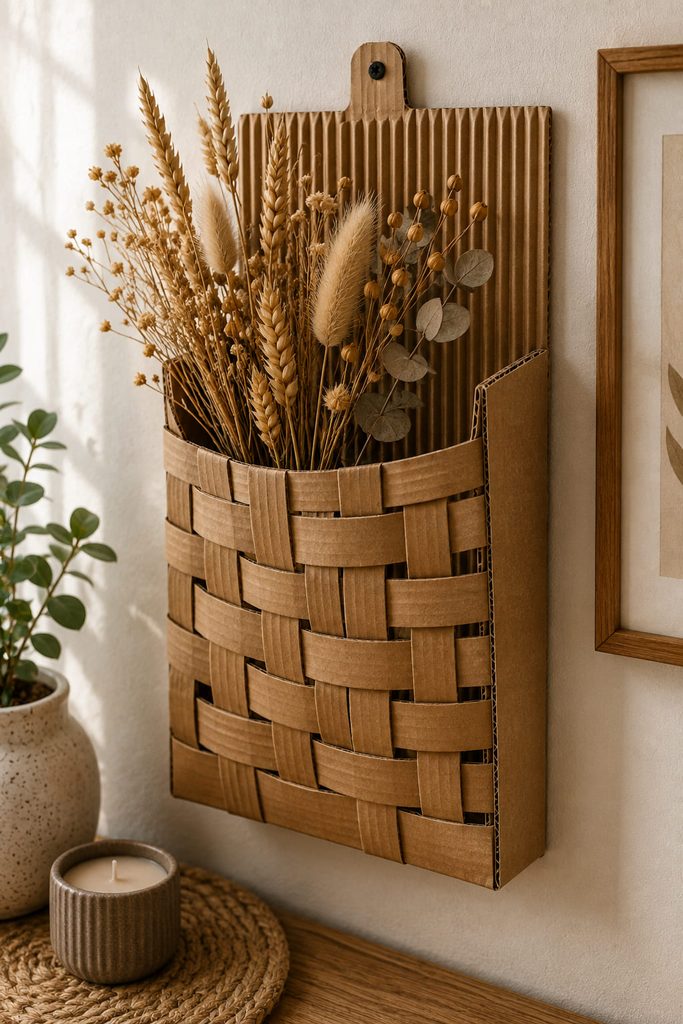 Woven cardboard wall pocket with side gussets holding a few lightweight dried stems.