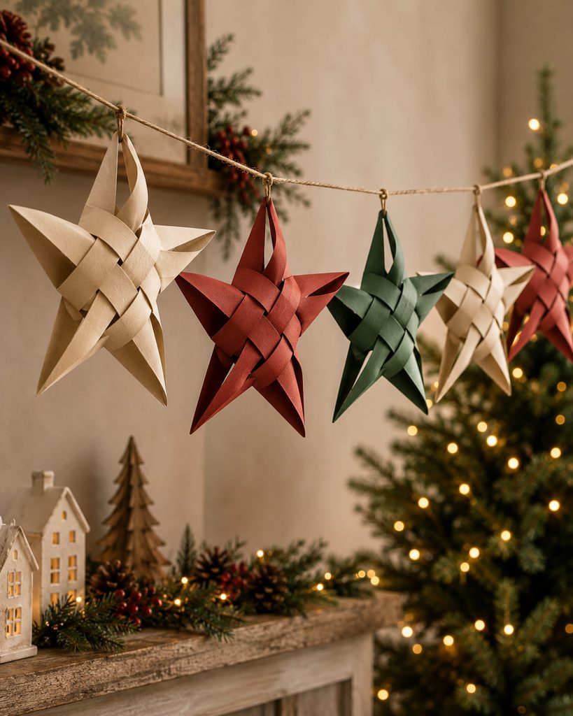 Woven paper strip stars with interlaced centers hanging on a Christmas garland.