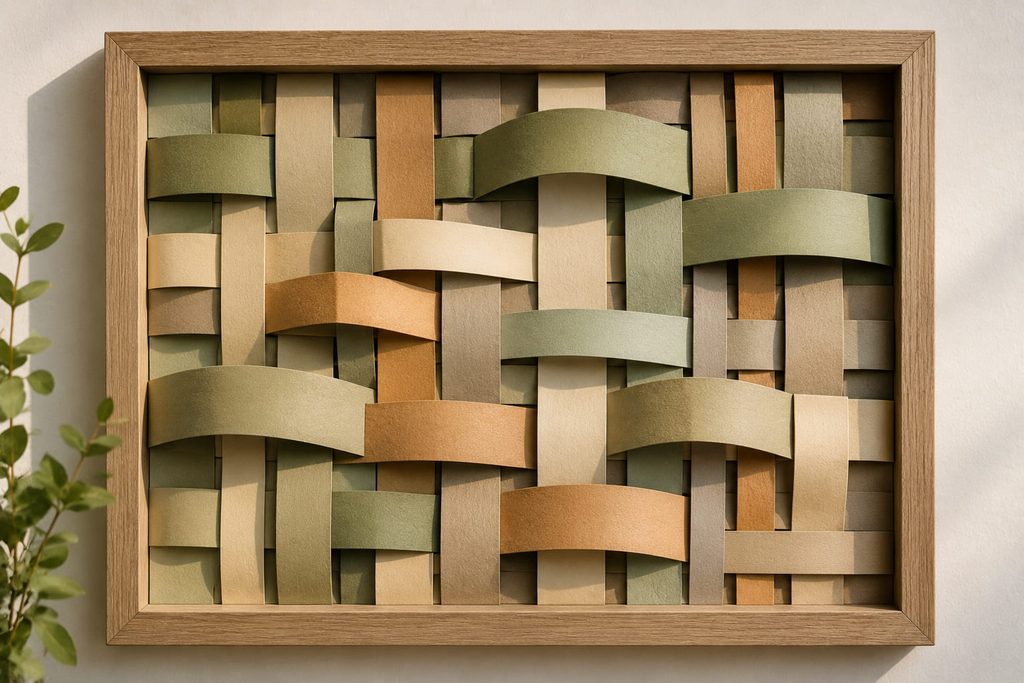 Woven paper wall panel with alternating over-under strips and raised bands creating dimensional texture.