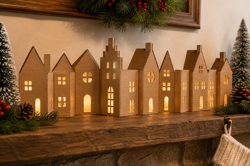 Accordion-fold cardboard Christmas village backdrop standing across a mantel.