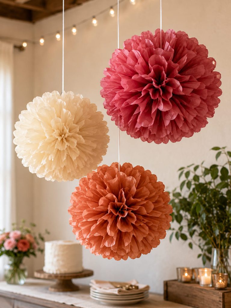 Accordion-folded crepe paper pom-poms suspended at staggered heights.
