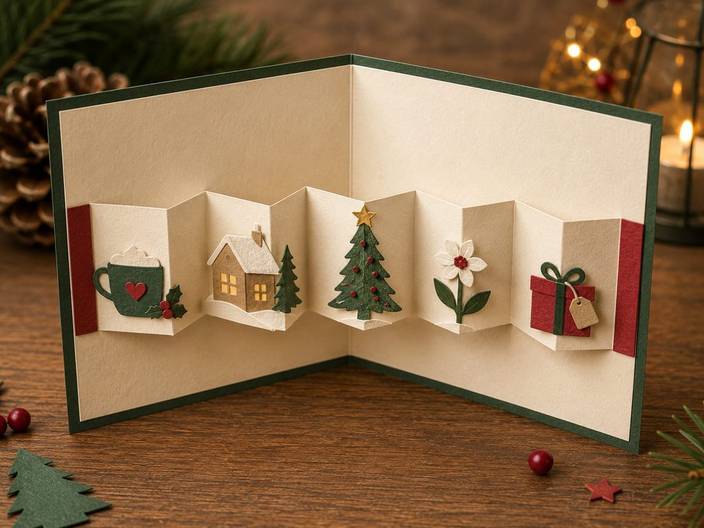 Open Christmas card with a folded accordion memory strip decorated with small paper vignette icons.
