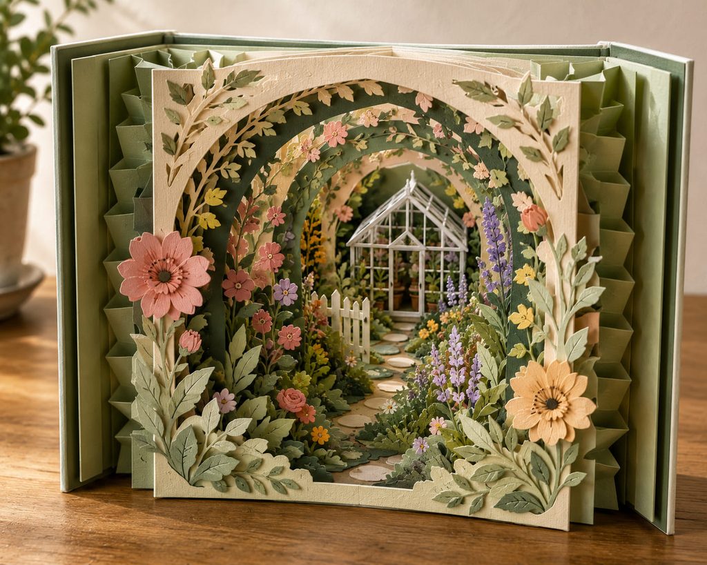 Accordion tunnel book with layered paper garden openings leading to a miniature greenhouse scene.