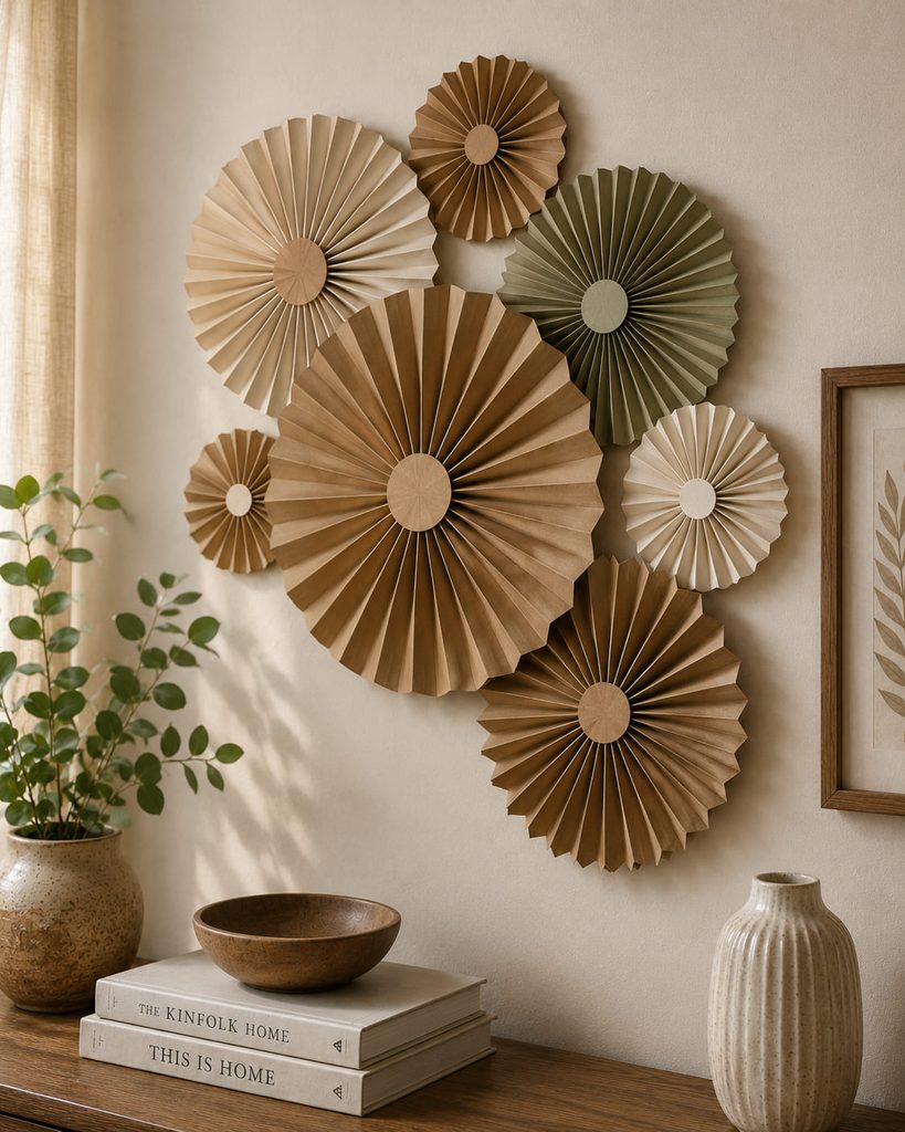 Cluster of accordion-fold cardboard medallions in varied sizes arranged on a wall.
