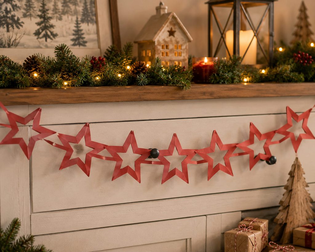 Continuous accordion-cut paper star chain stretched across Christmas cabinets.