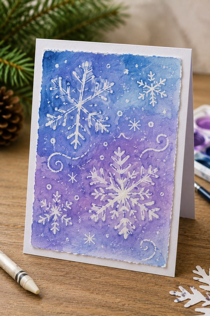 Blue and purple watercolor Christmas card with white crayon-resist snowflake patterns.