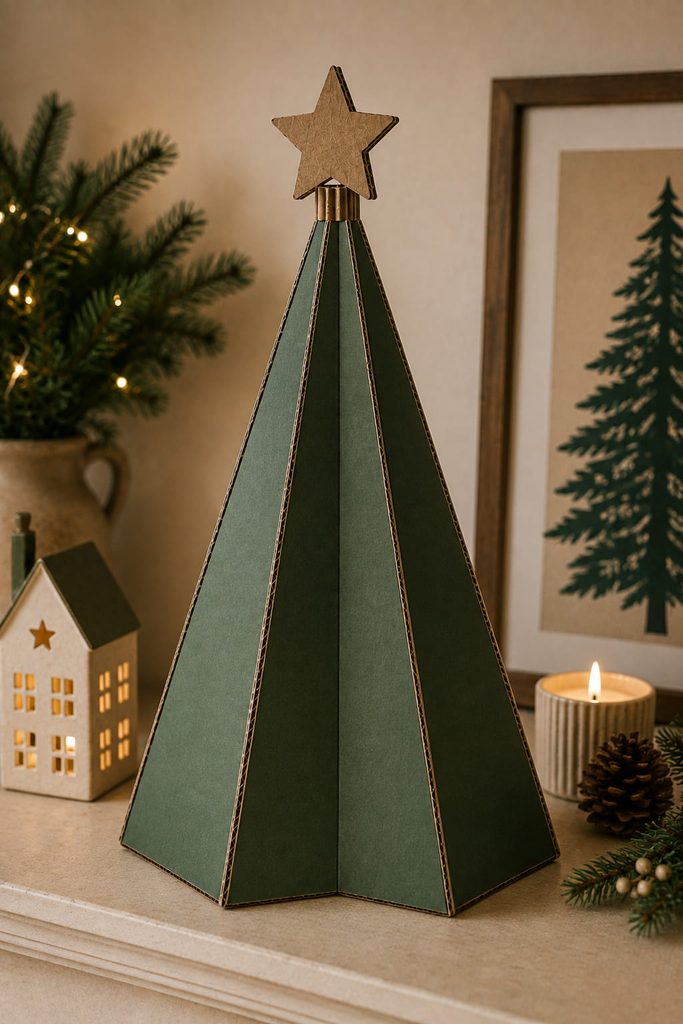 Faceted cardboard pyramid Christmas tree with scored geometric panels on a mantel.