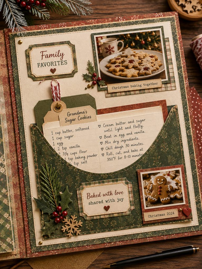 Removable handwritten family recipe card in a cardstock pocket beside a Christmas baking photo.