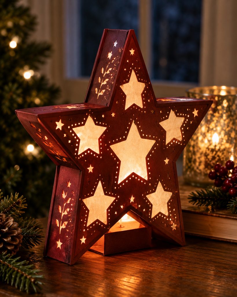 Freestanding folded paper star luminary with softly glowing vellum windows.
