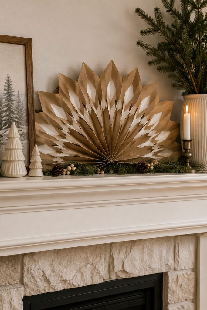 Semicircular paper-bag snowflake fan mounted flush behind neutral winter mantel decor.