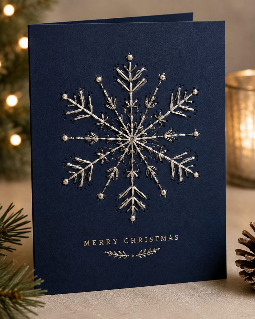 Navy cardstock Christmas card with a hand-stitched ivory snowflake pattern.