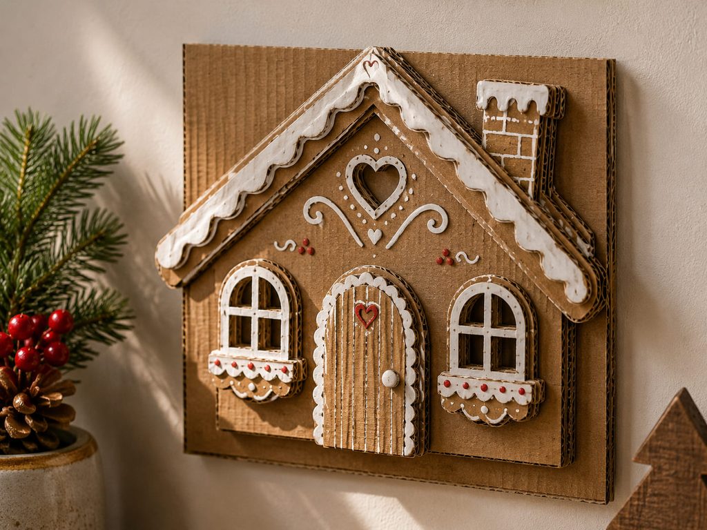 Layered corrugated gingerbread house wall plaque with exposed fluted cardboard edges.