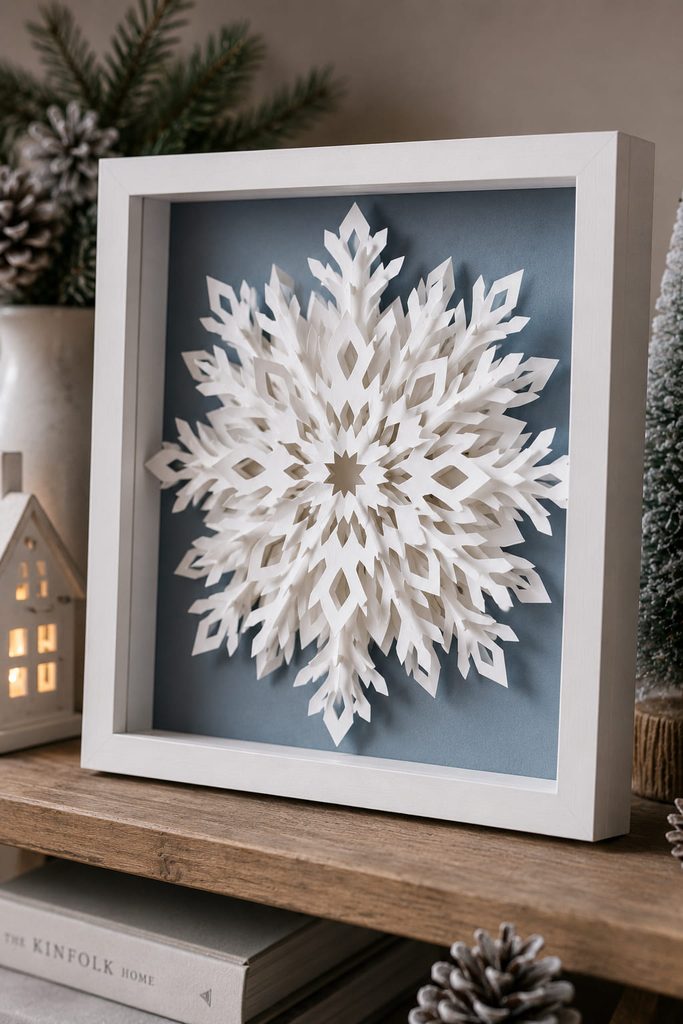 Layered cardstock snowflake shadow box with spaced white cut layers over a contrasting backing.