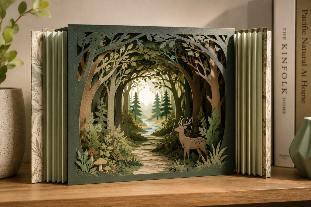 Layered paper tunnel book with accordion side rails and cut forest frames receding toward the background.