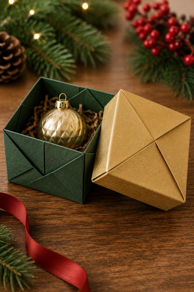 Deep green origami gift box with a separate gold folded lid and small ornament inside.