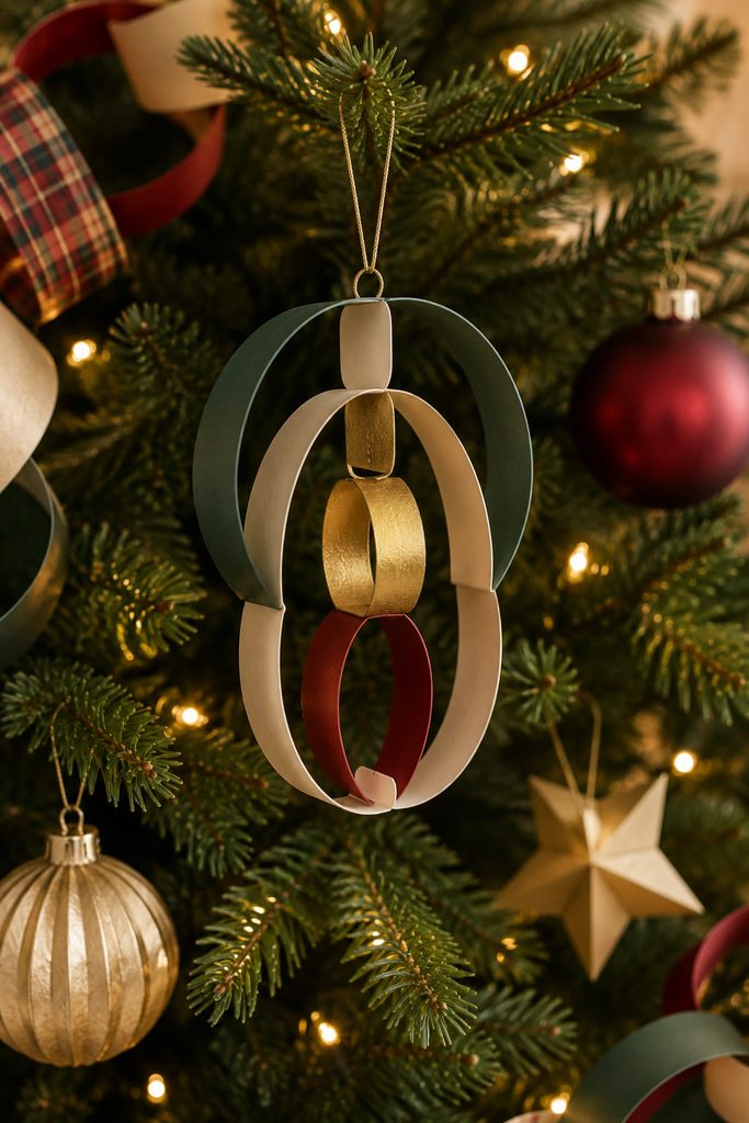 Nested oval paper links forming a dimensional bauble ornament on a Christmas tree.