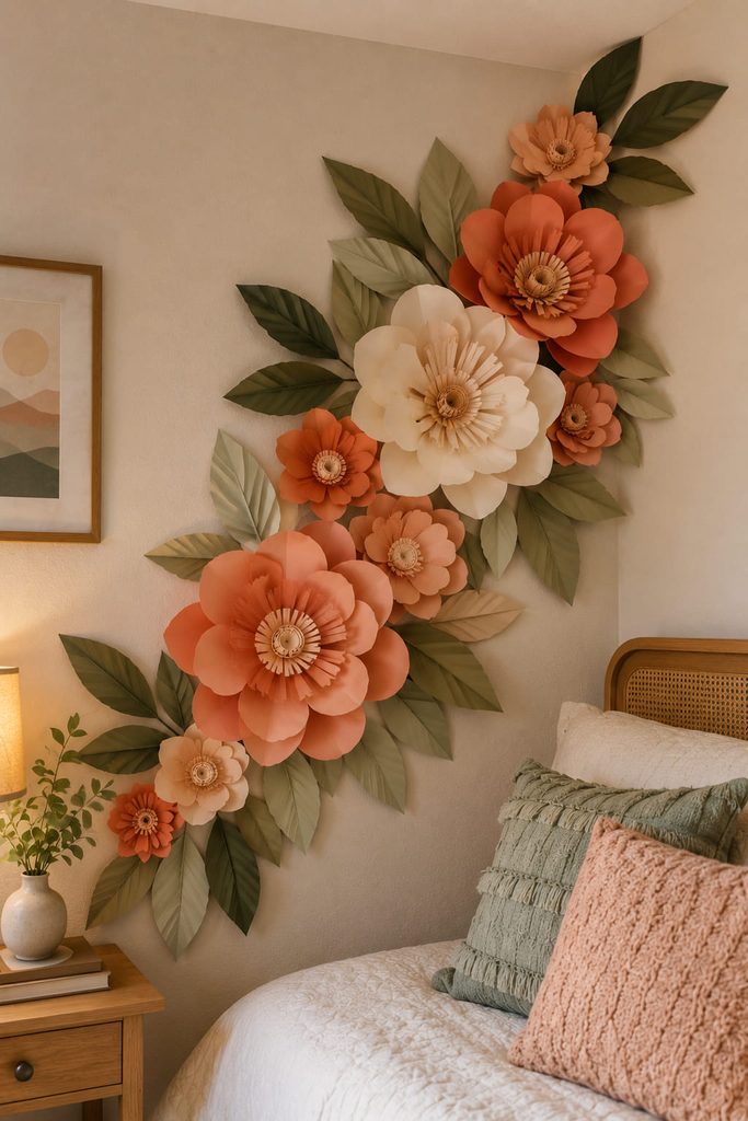 Oversized paper flowers and folded leaves climbing diagonally across a bedroom corner.